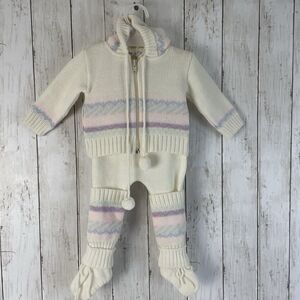 Vtg Friemanit Baby Knit Overalls Set 6m Zip Sweater Leg Warmers 1980's Pastels